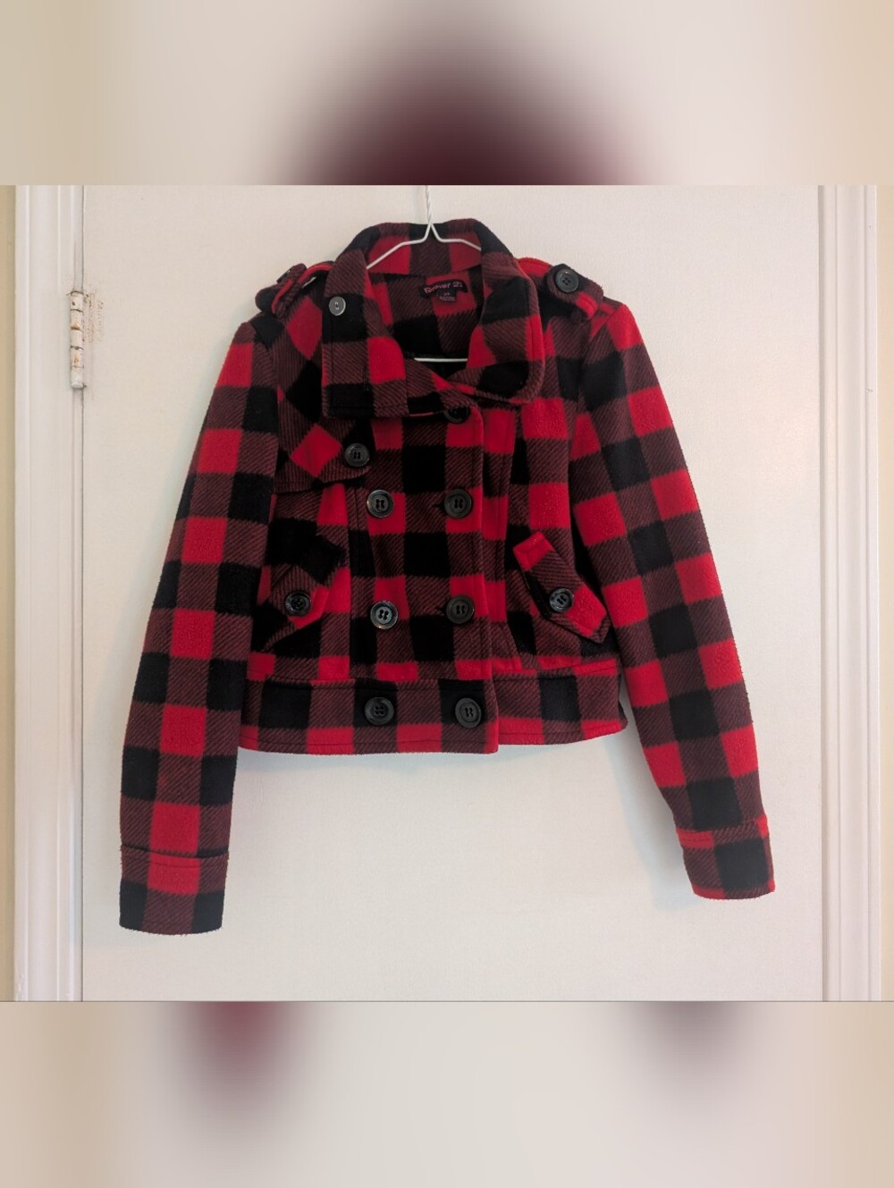 Forever 21 Y2K Red and Black Plaid Double-Breasted Utility Jacket